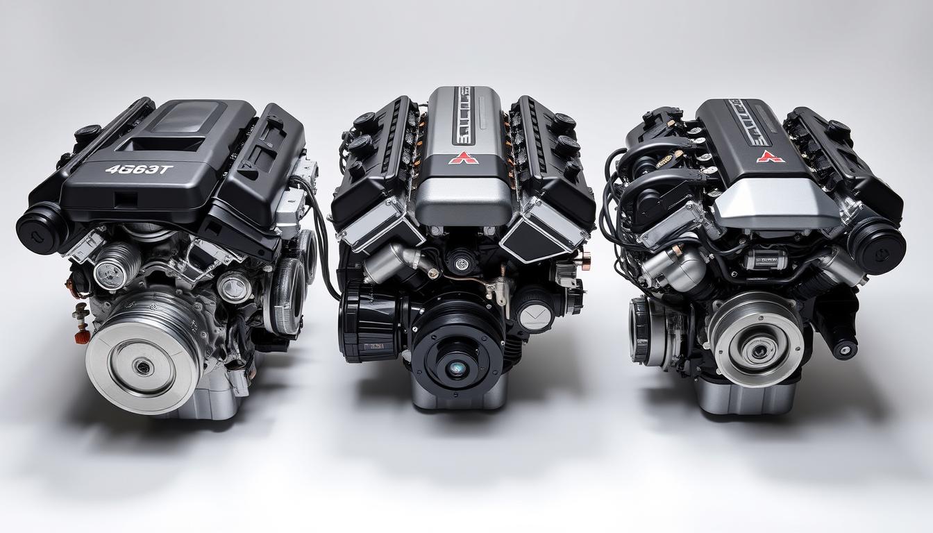 A closeup comparison of a brand new, rebuilt, and used 4G63T high-performance automobile engine, arranged in a clean, well-lit studio setting. The engines are displayed at a 45-degree angle, showcasing their intricate details and differences in condition. Soft, directional lighting highlights the sleek metal surfaces, creating dramatic shadows that convey the power and engineering behind this iconic Mitsubishi powerplant. The background is a simple white seamless paper, allowing the engines to be the sole focus of the image. A closeup comparison of a brand new, rebuilt, and used 4G63T high-performance automobile engine, arranged in a clean, well-lit studio setting. The engines are displayed at a 45-degree angle, showcasing their intricate details and differences in condition. Soft, directional lighting highlights the sleek metal surfaces, creating dramatic shadows that convey the power and engineering behind this iconic Mitsubishi powerplant. The background is a simple white seamless paper, allowing the engines to be the sole focus of the image.